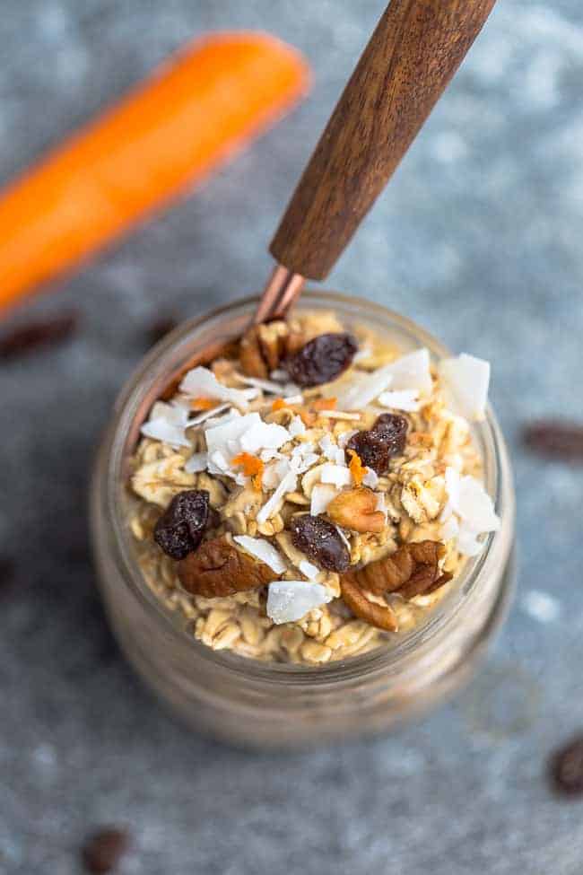 Overhead image of carrot cake overnight oats recipe with oats.