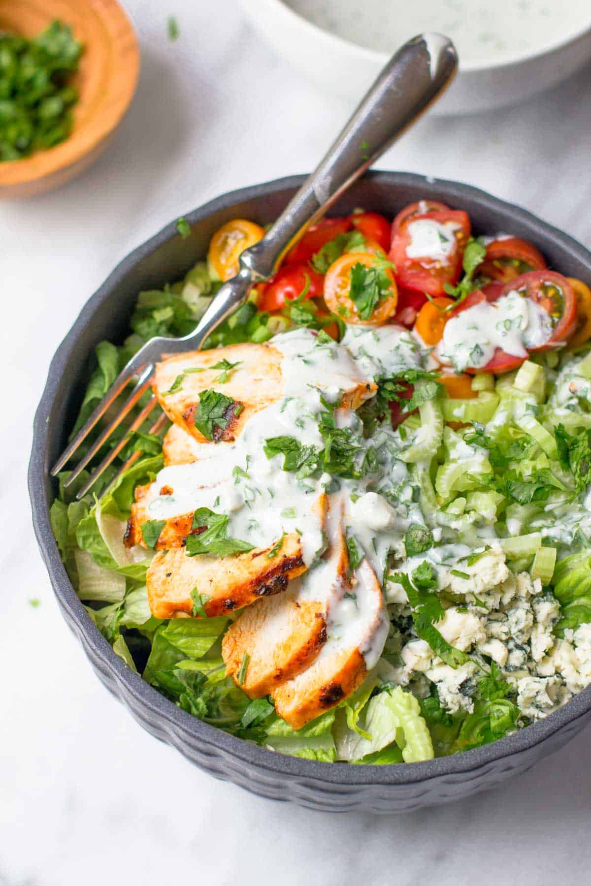 Overhead view of Buffalo Chicken Salad with Blue Cheese dressing