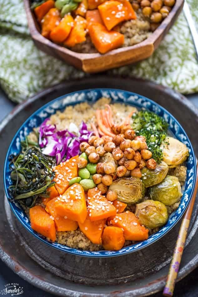 Overhead image of roasted vegetable bowls using canned beans