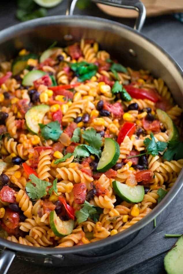 overhead image of one pan taco pasta using canned black beans