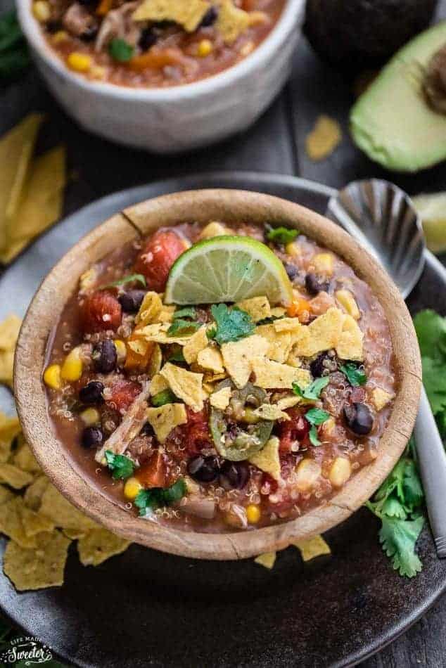 Overhead image of chicken enchilada soup made in the slow cooker