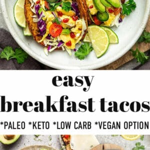 Pinterest image with breakfast tacos and several toppings.