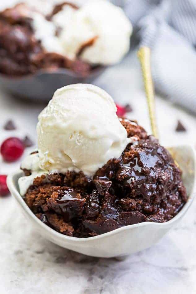 Eggless hot fudge cake with vanilla ice cream.