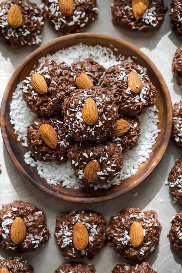 no bake cookies as easy eggless desserts filled with chocolate and coconut flakes