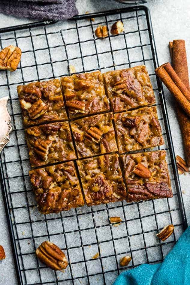 Overhead shot of pecan pie bars as easy eggless desserts.
