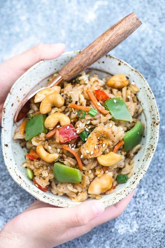 bowl of one pot cashew chicken rice made from the pantry