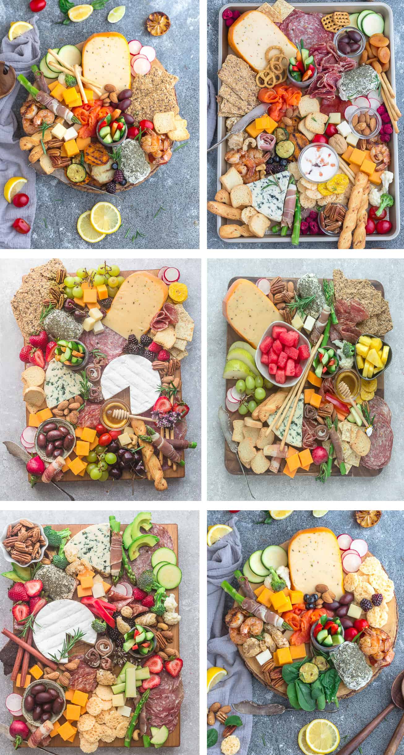 Six photos of various cheese boards, full of meats, cheeses, fruits, and veggies