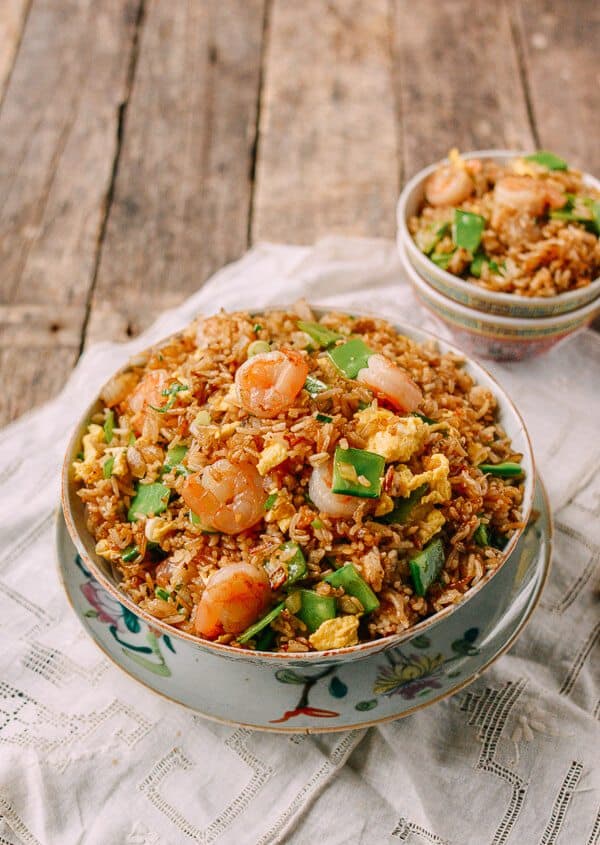 Shrimp fried rice in a serving bowl