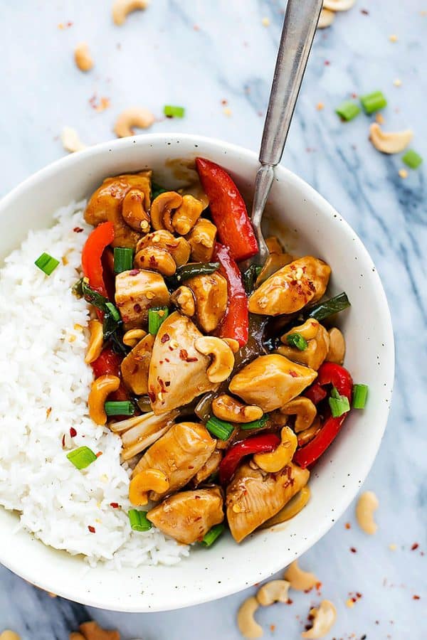 Overhead view of Spicy Cashew Chicken with rice in a bowl