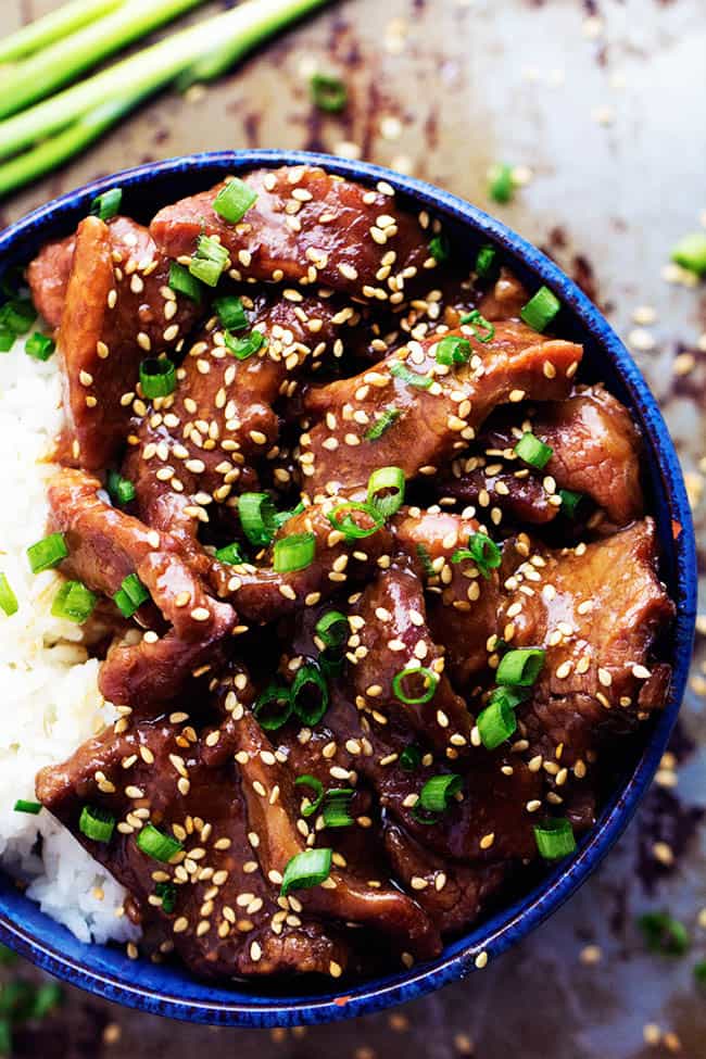 Overhead view of Slow Cooker Korean Beef with rice in a bowl