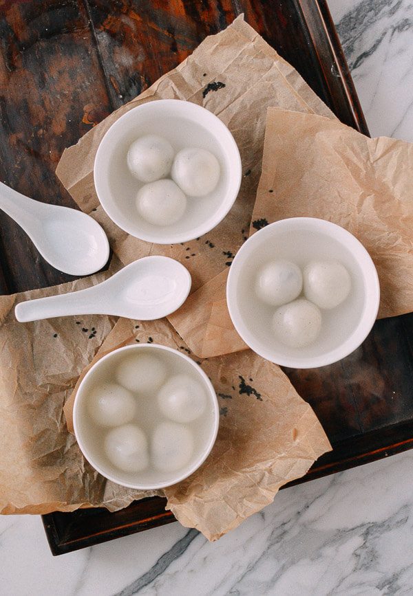 Top view of three bowls of Rice Ball Dessert Soup